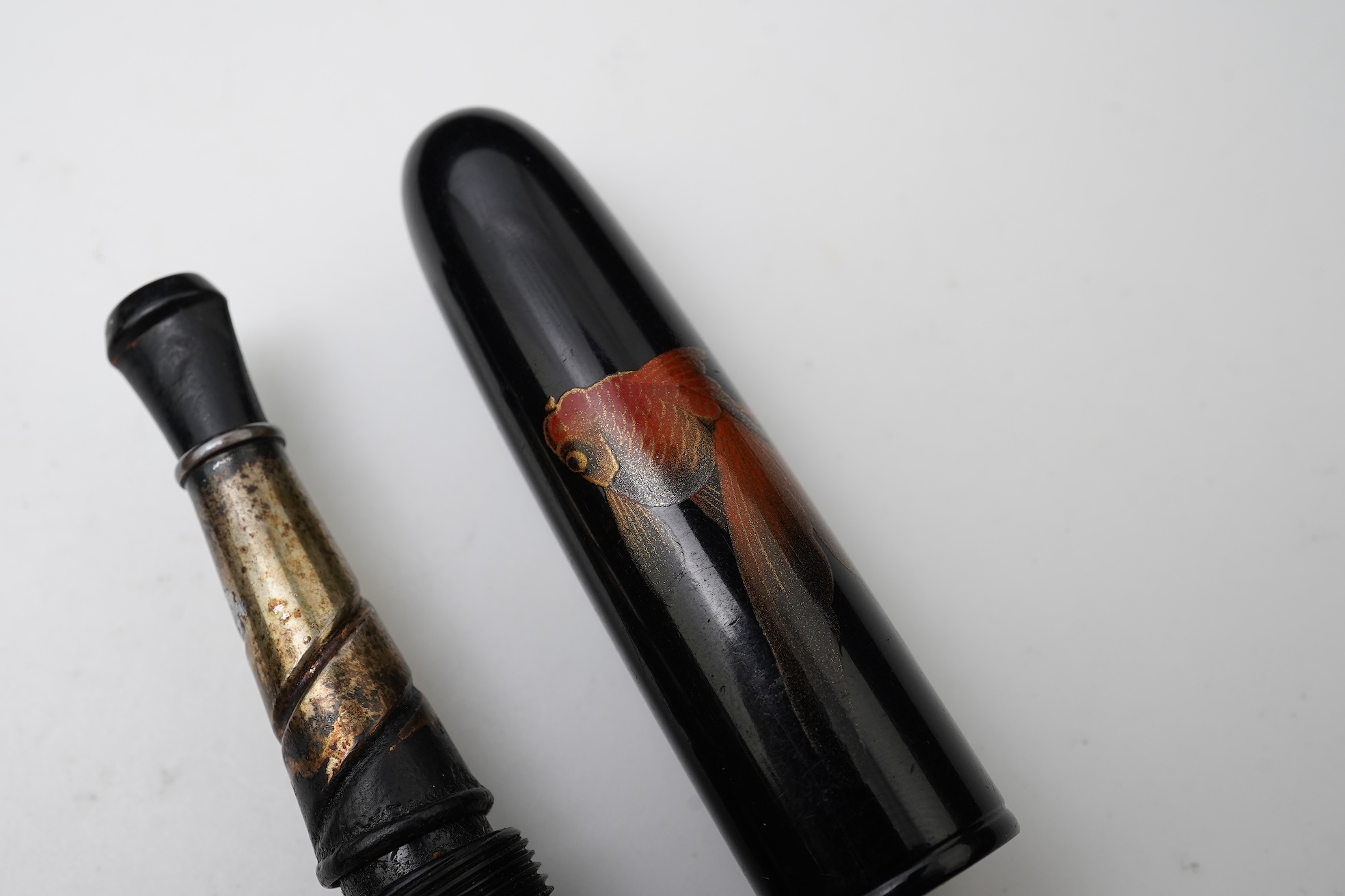 Rare Dunhill Namiki Lacquer concealed cigarette holder with goldfish design and artist's signature, made in Japan circa 1930s